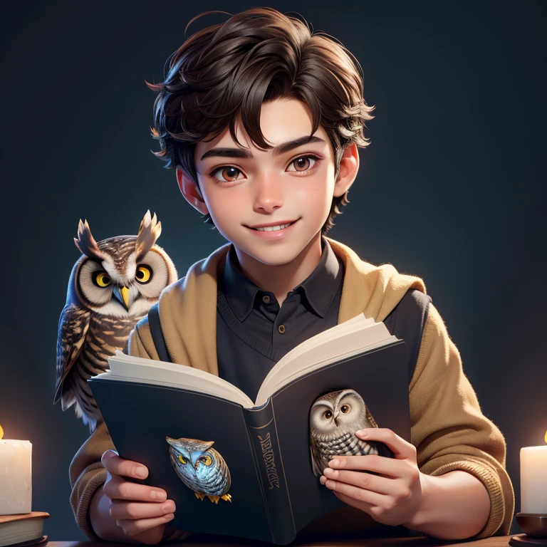 (Highest quality, masterpiece: 1,1), (owl, black eyes, bright smile), brown skin, short hair, cute boy reading magic book, detailed, 8K