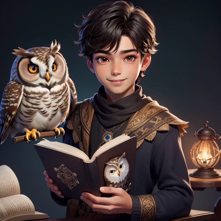 (Highest quality, masterpiece: 1,1), (with owl, dark eyes, bright smile), Cute boy with brown skin, short hair, reading magic book, detailed, 8K