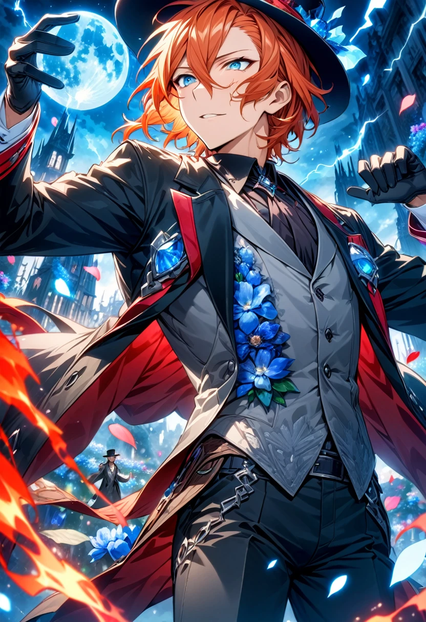 Ultra detailed, highres, absurdres, HDR, master piece, Nakahara Chuuya, orange hair, expressive blue eyes, Bungou Stray Dogs, fantasy, petals, blue flowers, handsome, sexy man, solo, magic, shining blue fireflies, blue moon, best quality, extremely detailed face and eyes, blue lightning, black coat, grey vest, black gloves, black hat, black pants,