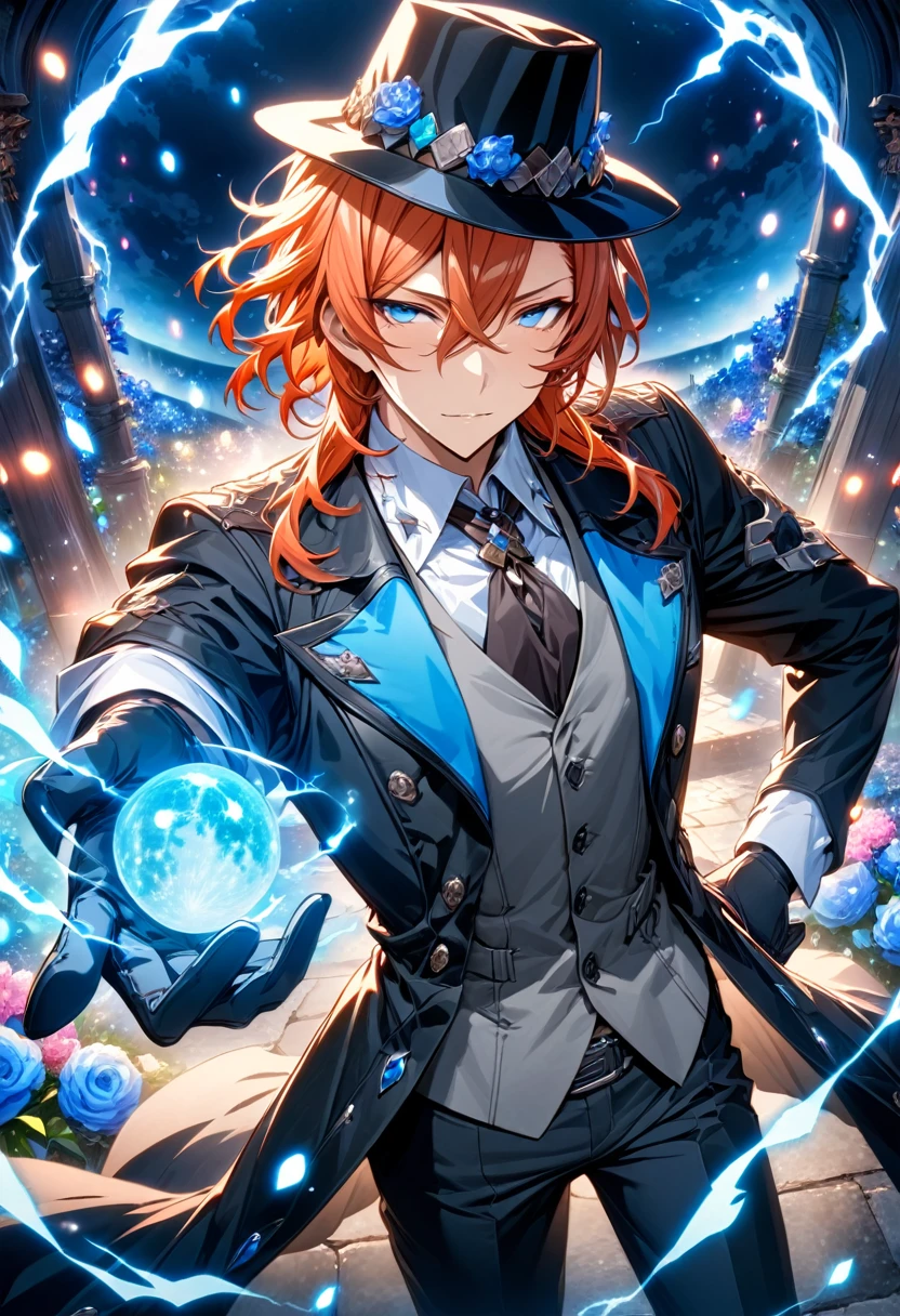 Ultra detailed, highres, absurdres, HDR, master piece, Nakahara Chuuya, orange hair, expressive blue eyes, Bungou Stray Dogs, fantasy, petals, blue flowers, handsome, sexy man, solo, magic, shining blue fireflies, blue moon, best quality, extremely detailed face and eyes, blue lightning, black coat, grey vest, black gloves, black hat, black pants,
