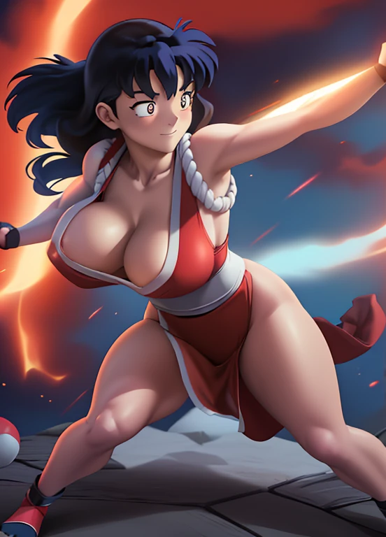 ((Masterpiece)), ((Best Quality)), (4K quality), ((Detailed face:1.2), (Detailed eyes:1.2), (Detailed pupils:1.2), Kagome Higurashi, 25 years old, matured face, beautiful detailed eyes, ultra detailed eyes, extremely detailed face, large breasts, cleavage, very busty, big hips, strong muscles, athletic physique, She stands tall while wearing a red Kunoichi dress. she's looking directly at the camera with an confident smirk. Her gaze is both alluring and fierce as she is in a fighting stance, female fighter, she's a martial artist, (Throwing a punch:1.1). ((bouncing breasts, bouncy breasts:1.2)), motion line, Motion Blur. Full body portrait, Perfect Anatomy,(Professional Lighting), 4k textures, raw photo, epic artistic, photoreal art, sharp focus, even lighting, insane details, intricate details, hyperdetailed, rich colors,
