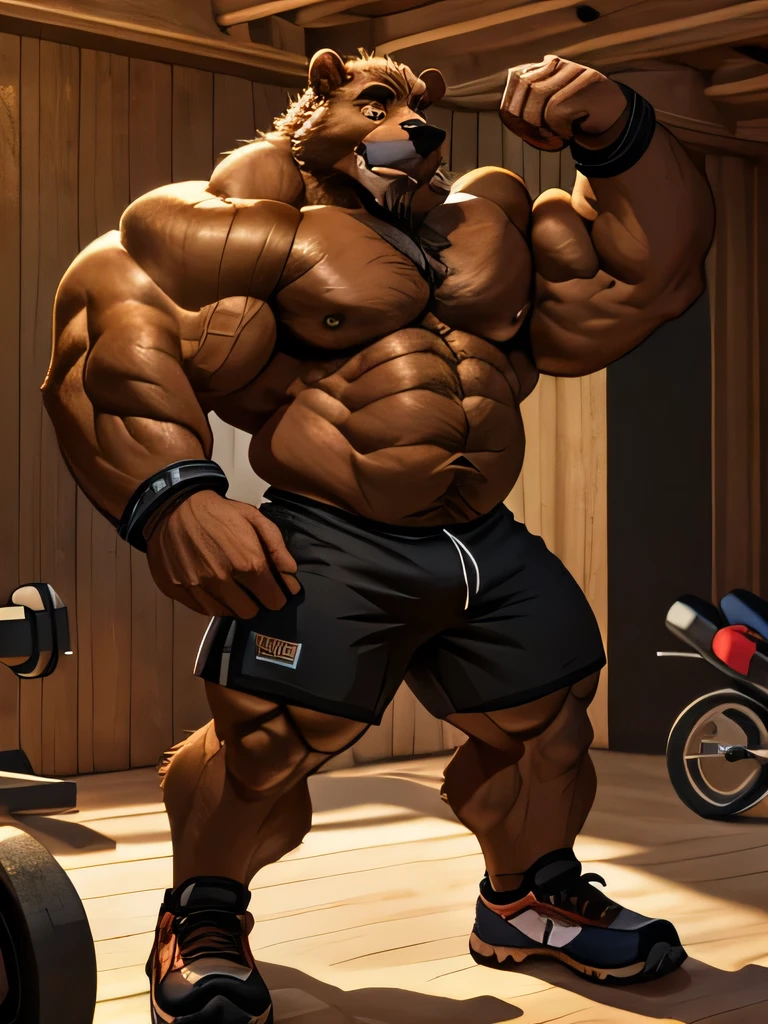 solo, 2boys, beach, size different, chubby Grizzly Bear in the gym, brown fur, thick arm, huge arm, bearded. brown hair and brown beard, bearded, muscular, pectoral, wide pectoral, realistic, 8k, masterpiece, (wearing black shorts, wristbands and shirtless:1.3, topless, shoes) flexing his pectorals ((extremely muscle size, super thick arms, huge back, thick brown fur, extremely wide back and shoulder , huge arms)). and add details to make it attractive and interesting. Add textures and details to make the image more realistic, such as the appearance of the body built muscles texture and the appearance of the skin. Make sure the resulting image is high resolution, 8K quality.", simple background, masterpiece, high detailed, 8k, high resolution