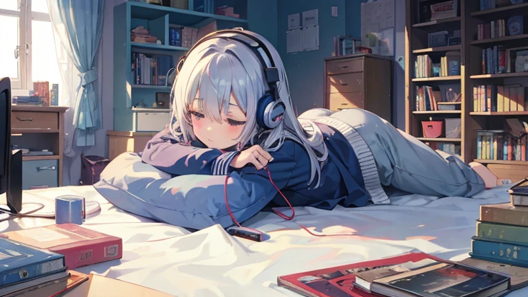 Lots of things、A room with a messy desk and books. Lying in bed、Anime illustration of a girl sleeping with headphones on and her chin resting on them while listening to music