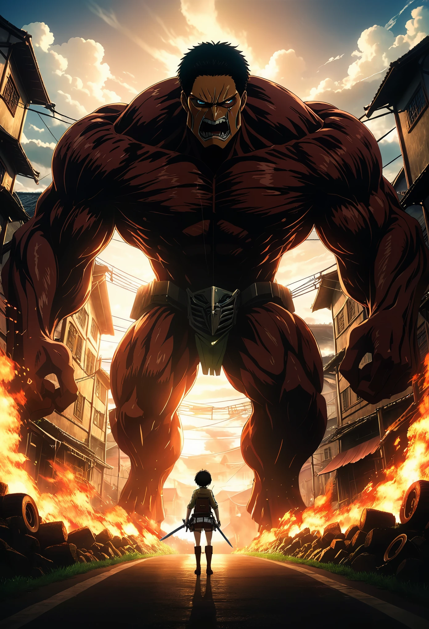 Attack on Titan, Angry giants, dark and gritty, Studio Ghibli, Animation main visual, author:Shinkai Makoto, Dark, Wheels within wheels, 8k resolution concept art, Natural Lighting, Beautiful composition