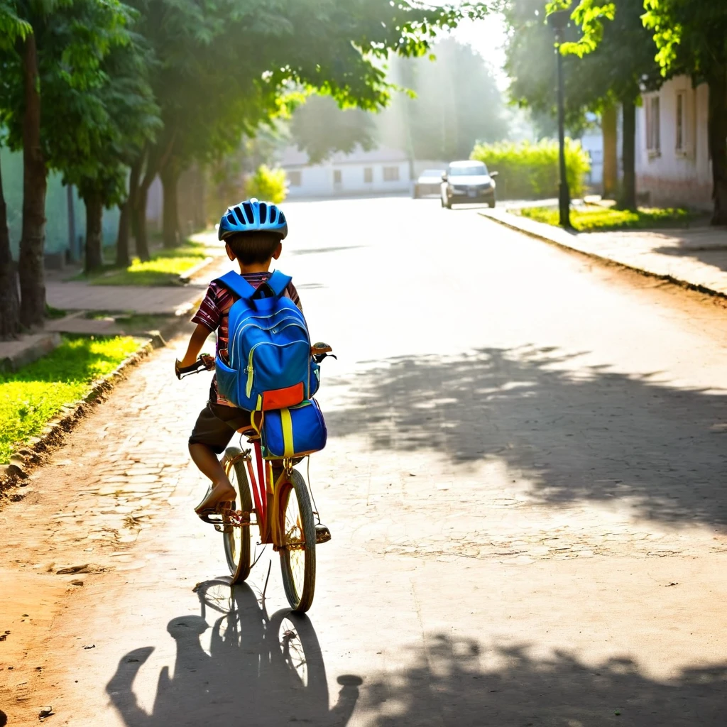 An Ak-sized nine-year-old boy sets off to school on a bicycle. (Casual Attire: 1.5), (School Uniform: 1.5), (Short Pants: 1.5), (Barefoot or Sandals: 1.2), (Helmet: 1.2), (Backpack: 1.5), (Bike with training wheels: 1.5), (Sunny Day: 1.3), (Green trees surrounding: 1.2), (Bright morning sunlight: 1.4), (Detailed facial features: 1.5), (Excited look: 1.5), (Start