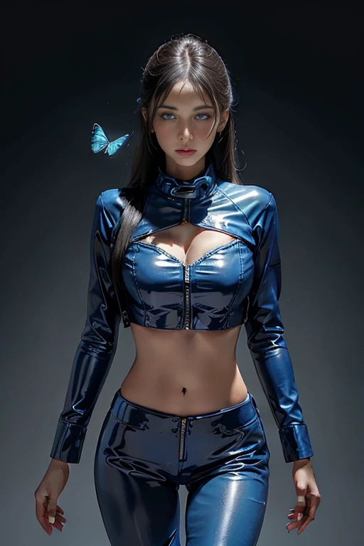 Glowing blue butterfly,Blue skinny latex jacket,agent,1girll,blue colors, Masterpiece, Best quality,A high resolution,Detail enhancement,best qualtiy,Perfect image quality,Cool and elegant,Beautiful and gentle,cyber punk perssonage