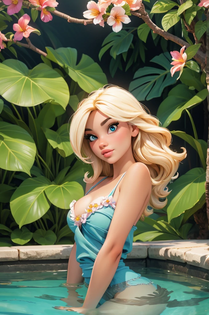 (best quality,4k,8k,highres,masterpiece:1.2),ultra-detailed,realistic, Captured from front, bright colors, vibrant tones, blonde girl, detailed eyes,detailed lips,long eyelashes,sexy,posing confidently,front view, tropical paradise, lush garden, natural pool, blooming flowers, crystal clear water,scenic beauty,sunlight filtering through the trees, tranquil atmosphere,serene ambiance
