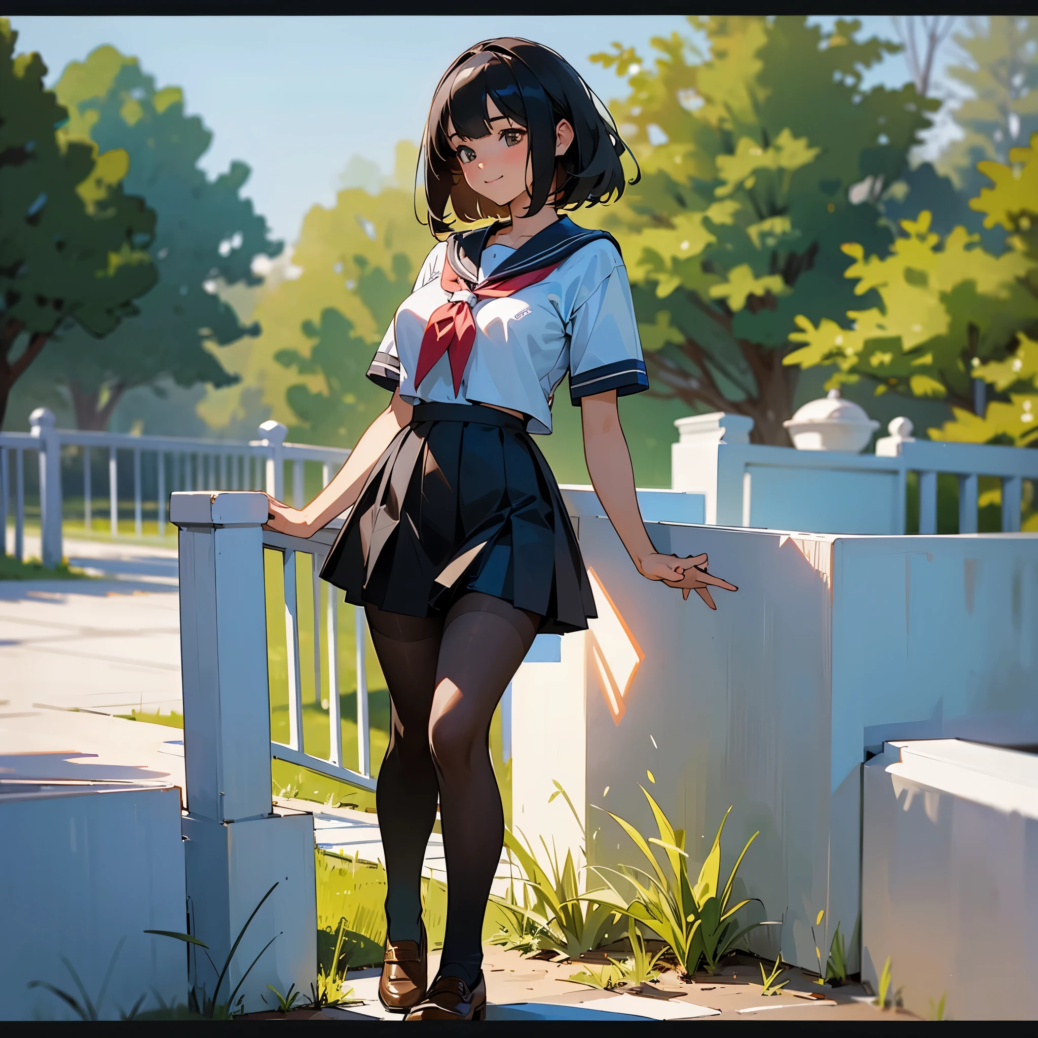 (highest quality, High resolution, Super detailed, Realistic:1.37), Peaceful atmosphere, (Outdoor, garden), age girl standing alone,(my breasts are big.),Beautifully detailed features, Cute Smile, ((Black bob hair)),Short-sleeved sailor uniform, Pleated skirt,Black tights,Brown leather shoes.