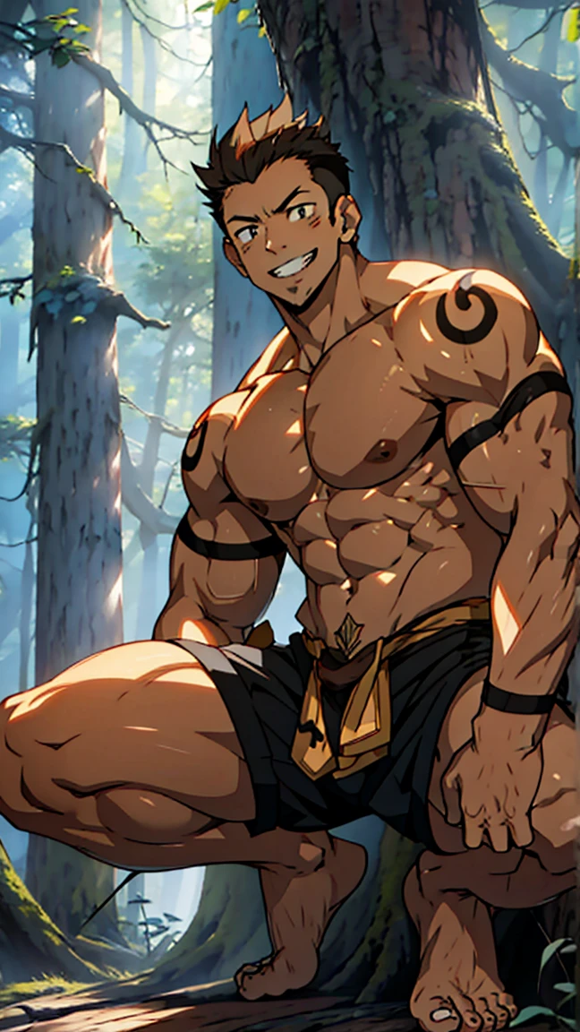 (A corner of the photo from bottom to top) (Highest quality images) Lion Man ,real, young,（Grinning） ， Wearing shorts, Crotch protrusion, Anime Character, Squatting on the ground, Legs open, male face, bonito rosto young, Undercut Hair, Huge chest muscles, 大腿muscular, Biceps tendon, Huge body, Toned body due to intense training, muscular, 8-pack clear ABS, 3 meters high, Topless, , Glowing skin, Dihan.com,（ Hands on thighs）, barefoot, （No beard），Sitting on a wooden stake in the rainforest，Photos taken from a lower angle