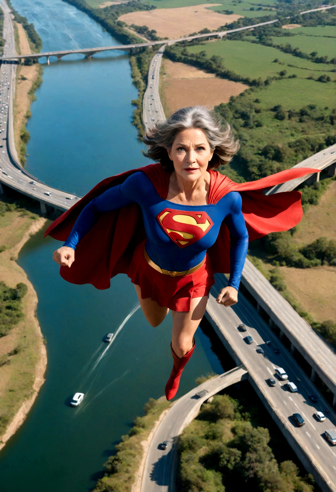 photo taken by a professional photographer; flying at super speed above a traffic jam; faster than a jet; old Lorraine Bracco busty((without glasses))) Supergirl (((70 years old; short hair))); floating above the Rio Grande do Sul 2024 highway; (heavy traffic; satellite view); superhero pose flying through the skies