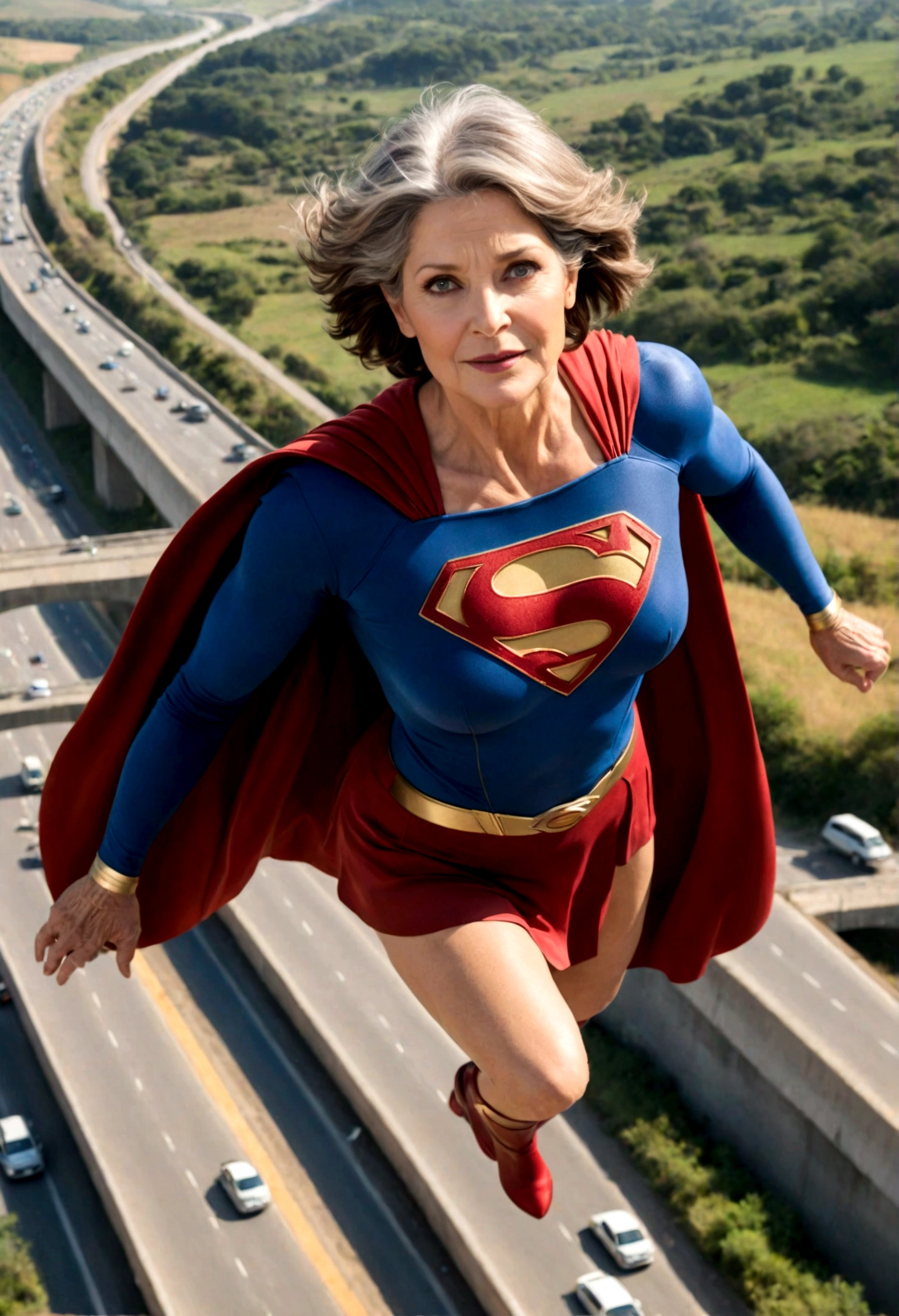 photo taken by a professional photographer; flying at super speed above a traffic jam; faster than a jet; old Lorraine Bracco busty((without glasses))) Supergirl (((70 years old; short hair))); floating above the Rio Grande do Sul 2024 highway; (heavy traffic; satellite view); superhero pose flying through the skies 