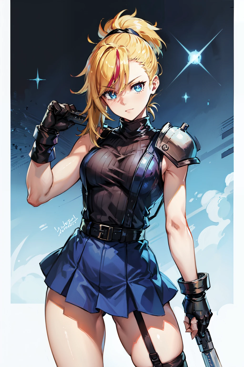 (masterpiece, best quality:1.2), Blue  glowing eyes, perfect face, highres, 1 girl, solo, ultra long ponytail, (female:1.5), strife, blonde hair, shoulder armor, sleeveless turtleneck, suspenders, belt, gloves, bracer, evil smile, standing, portrait, looking at viewer, giant sword on the back