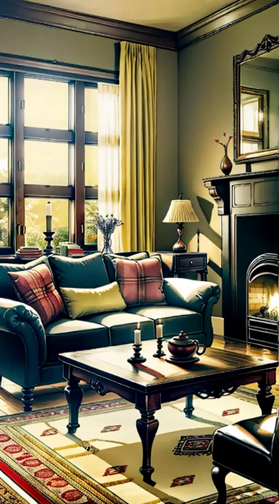 Photography, sofa, tea table, ( living room), curtains, waxy candles, decorations, wooden floor, carpet, fireplace