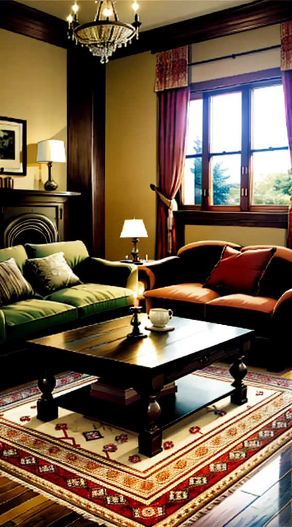 Photography, sofa, tea table, ( living room), curtains, waxy candles, decorations, wooden floor, carpet, fireplace