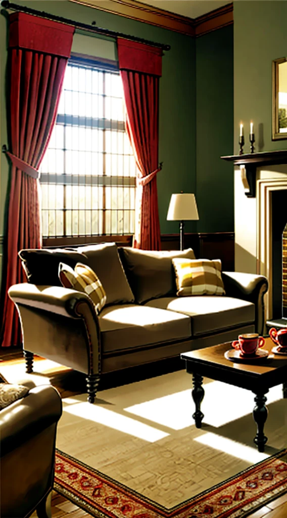 Photography, sofa, tea table, ( living room), curtains, waxy candles, decorations, wooden floor, carpet, fireplace