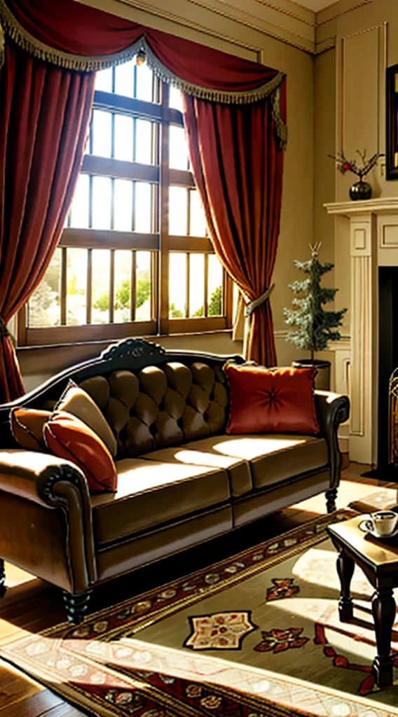Photography, sofa, tea table, ( living room), curtains, waxy candles, decorations, wooden floor, carpet, fireplace