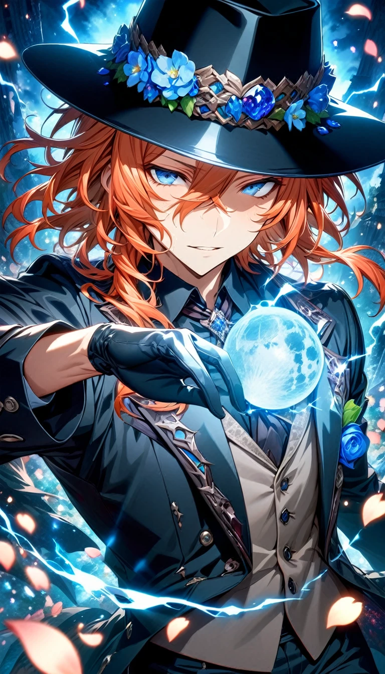 Ultra detailed, highres, absurdres, HDR, master piece, Nakahara Chuuya, orange hair, expressive blue eyes, Bungou Stray Dogs, fantasy, petals, blue flowers, handsome, sexy man, solo, magic, shining blue fireflies, blue moon, best quality, extremely detailed face and eyes, blue lightning, black coat, grey vest, black gloves, black hat, black pants,