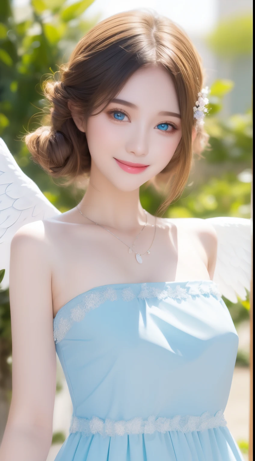 Top quality, Pastel painting, Gentle atmosphere, Twin Girl Angel, Cute, White wings, Smiling happily, Short brown hair of different colors, A blue eye, A green eye, Dresses of different colors, flower hair ornaments, Upper body, looking at viewert, space, meteors, Light,