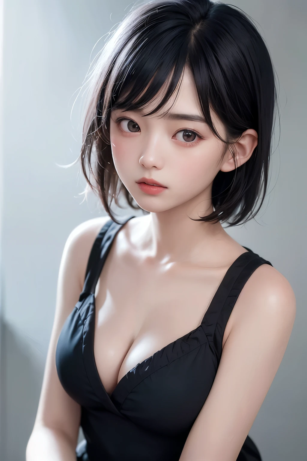 (1 nogizaka girl,raw photo,photo realistic:1.5),(best quality, high quality,HDR, highest quality,ultra high resolution,high resolution,high res,ultra high difinition,huge file size,8K,2K wallpaper,8K wallpaper,high quality texture,amazing,an extremely delicate:1.4),one girl, small face,absurd,ridiculous,incredibly ridiculous,blurry background,(sundress,short hair,cleavage,no makeup:1.2),medium skin,beautiful skin,detailed skin,black hair,silky hair,(Japanese eyes:1.3),black eyes,idol eyes,triangle eyes,Japanese nose,5-fingers,(Light Particles, Lens Flare, Luminous Particles: 0.7),looking at viewer,bright lighting,professional lighting,girl