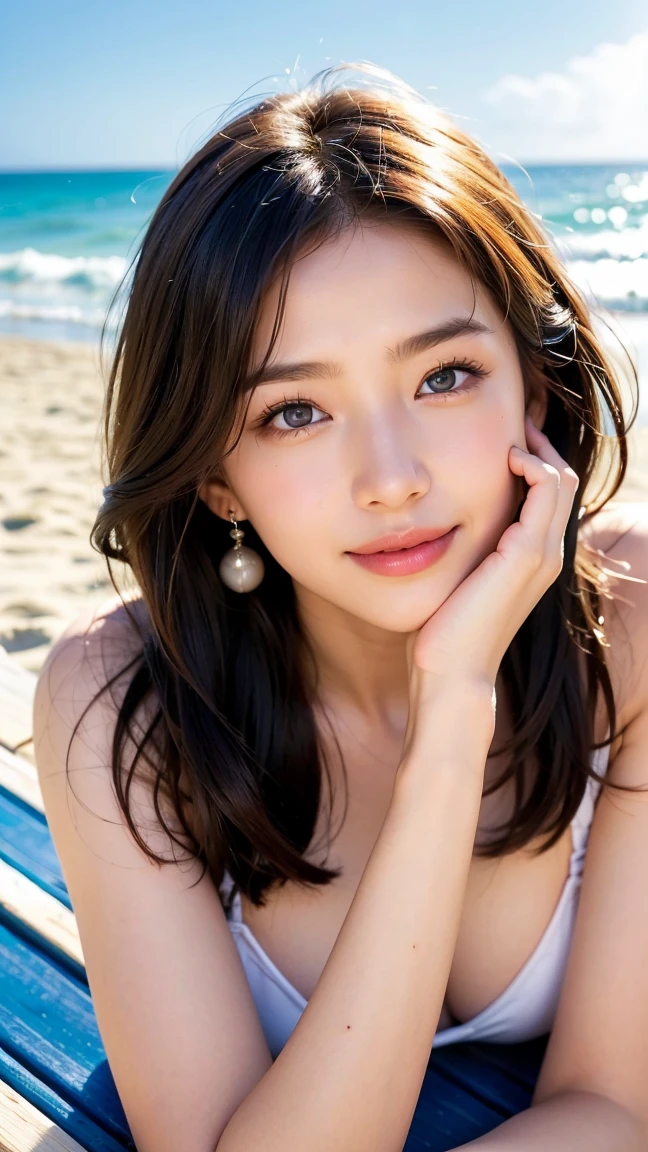 (correct hand position、Correct hand orientation), Maintain this face and pose image:1.5、Pale face and eyes:1.3、細いPale face and eyes:1.3, blue eyes:1.3、{RAW shooting、4k, 8k, highest quality}, {{Masterpiece}}, {Very delicate and beautiful}, Outstanding light and shadow, Highly detailed wallpaper, Sunny and bright sunlight, whole body, whole body、 1 girl, , blush:1.2、Shaggy light brown long hair:1.5, Strong sunlight, Delicate Hair,Realistic skin texture, B cup breasts、valley, Fresh, Young Skin, Visible wrinkles on the skin., Broad shoulders:1.4, ((A strong light shines on your face:1.5)), color々Strike a Pose:1.5, necklace、ring、Earrings、Toothy smile:1,5、smile:1.5, Ray Tracing, Sexy and seductive gestures、((Lying on the beach by the sea:1.5))、(White Bikini)、