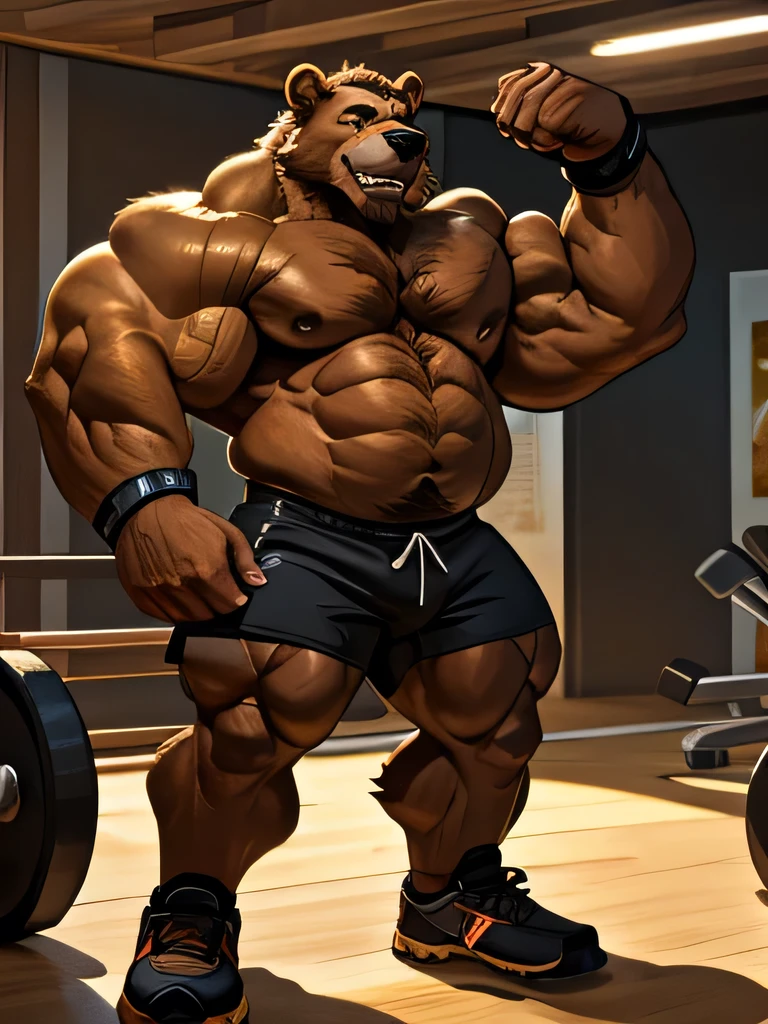 solo, 2boys, beach, size different, chubby Grizzly Bear in the gym, brown fur, thick arm, huge arm, bearded. brown hair and brown beard, bearded, muscular, pectoral, wide pectoral, realistic, 8k, masterpiece, (wearing black shorts, wristbands and shirtless:1.3, topless, shoes) flexing his pectorals ((extremely muscle size, super thick arms, huge back, thick brown fur, extremely wide back and shoulder , huge arms)). and add details to make it attractive and interesting. Add textures and details to make the image more realistic, such as the appearance of the body built muscles texture and the appearance of the skin. Make sure the resulting image is high resolution, 8K quality.", simple background, masterpiece, high detailed, 8k, high resolution