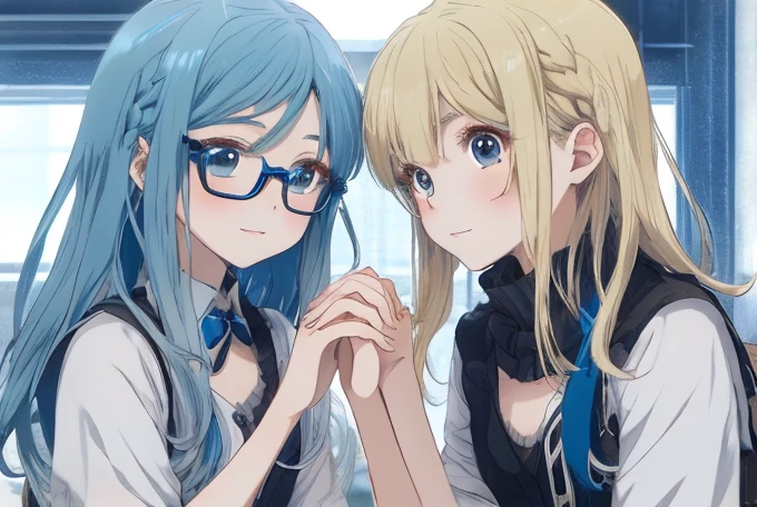 Anime Touch、twins、One has blue hair、One is blonde、cute、Looking up、I'm holding your hand、Sitting、Thin glasses、The hairstyle is natural