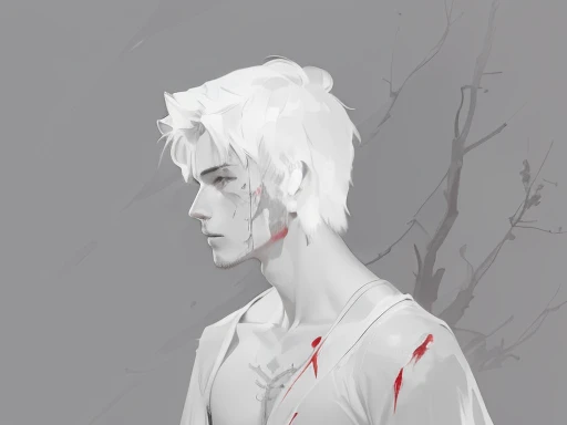 there is a drawing of a man with blood on his chest, halfbody portrait, desolate. digital illustration, with a few scars on the tree, digital sketch, mostly greyscale, speedpaint, blurry and dreamy illustration, half body portrait, digital drawing, faded drawing, artstation mans aesthetic, covered in runes, low detailed. digital painting, wounded