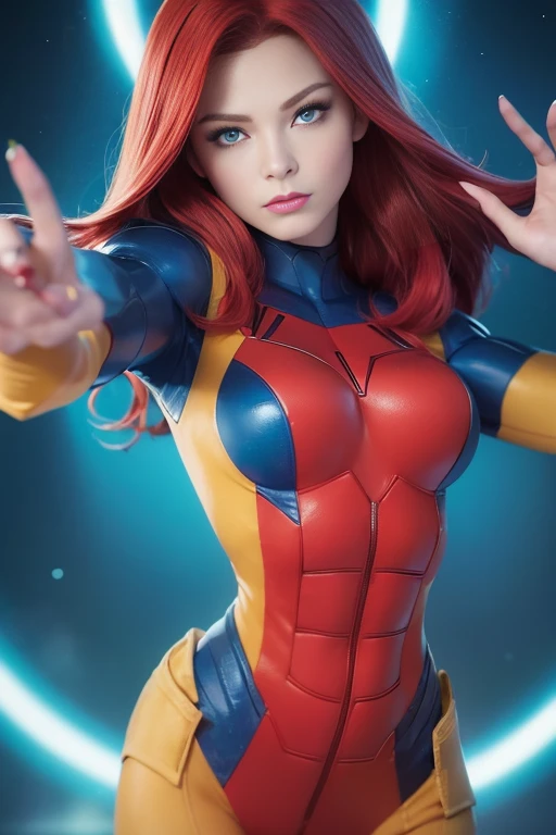 (Jean Grey), Xmen 97, a beautiful woman with long red hair, detailed face, piercing green eyes, wearing a blue and yellow costume, x-men 97 style, dynamic pose, muscular body, cosmic powers, dramatic lighting, cinematic composition, photorealistic, award winning digital art