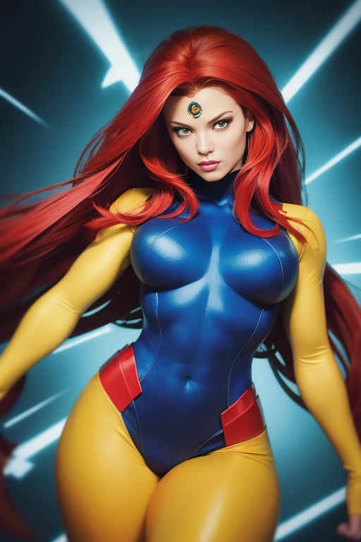 (Jean Grey), Xmen 97, a beautiful woman with long red hair, detailed face, piercing green eyes, wearing a blue and yellow costume, x-men 97 style, dynamic pose, muscular body, cosmic powers, dramatic lighting, cinematic composition, photorealistic, award winning digital art