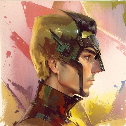 painting of a man with a helmet and a knife in his hand, profile portrait, side - profile painted portrait, angle profile portrait, inspired by Witold Wojtkiewicz, side profile painted portrait, portrait of male humanoid, head portrait, side profile cenetered portrait, head in profile, portrait of an android, inspired by Ismael Nery