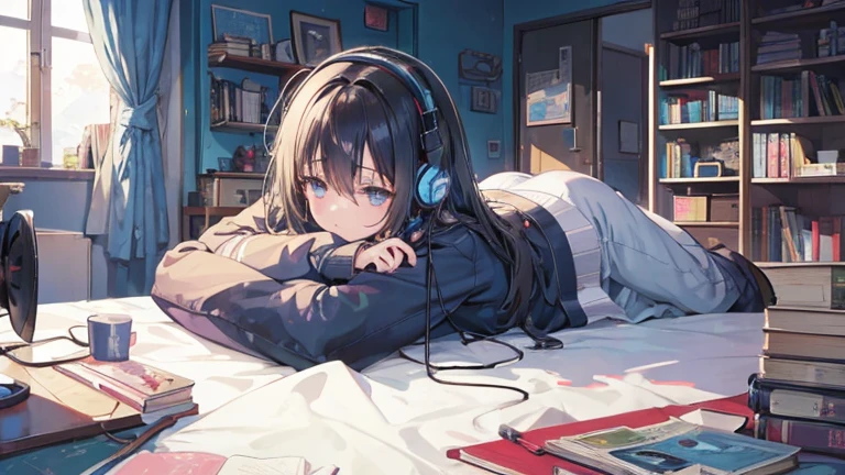 A room with a messy desk and books. Lying in bed、Anime illustration of a black-haired girl sleeping with headphones on and her chin resting on them while listening to music、Dark Eyes、Japanese