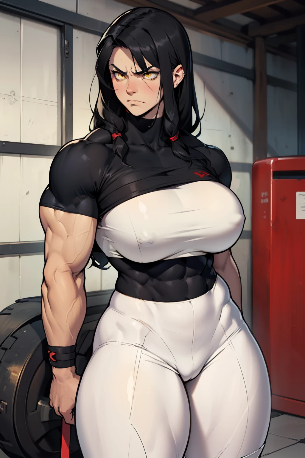 girl (((muscular))) (((massive breasts thick))) disdain disgusted annoyed disappointed black hair yellow eyes pale skin