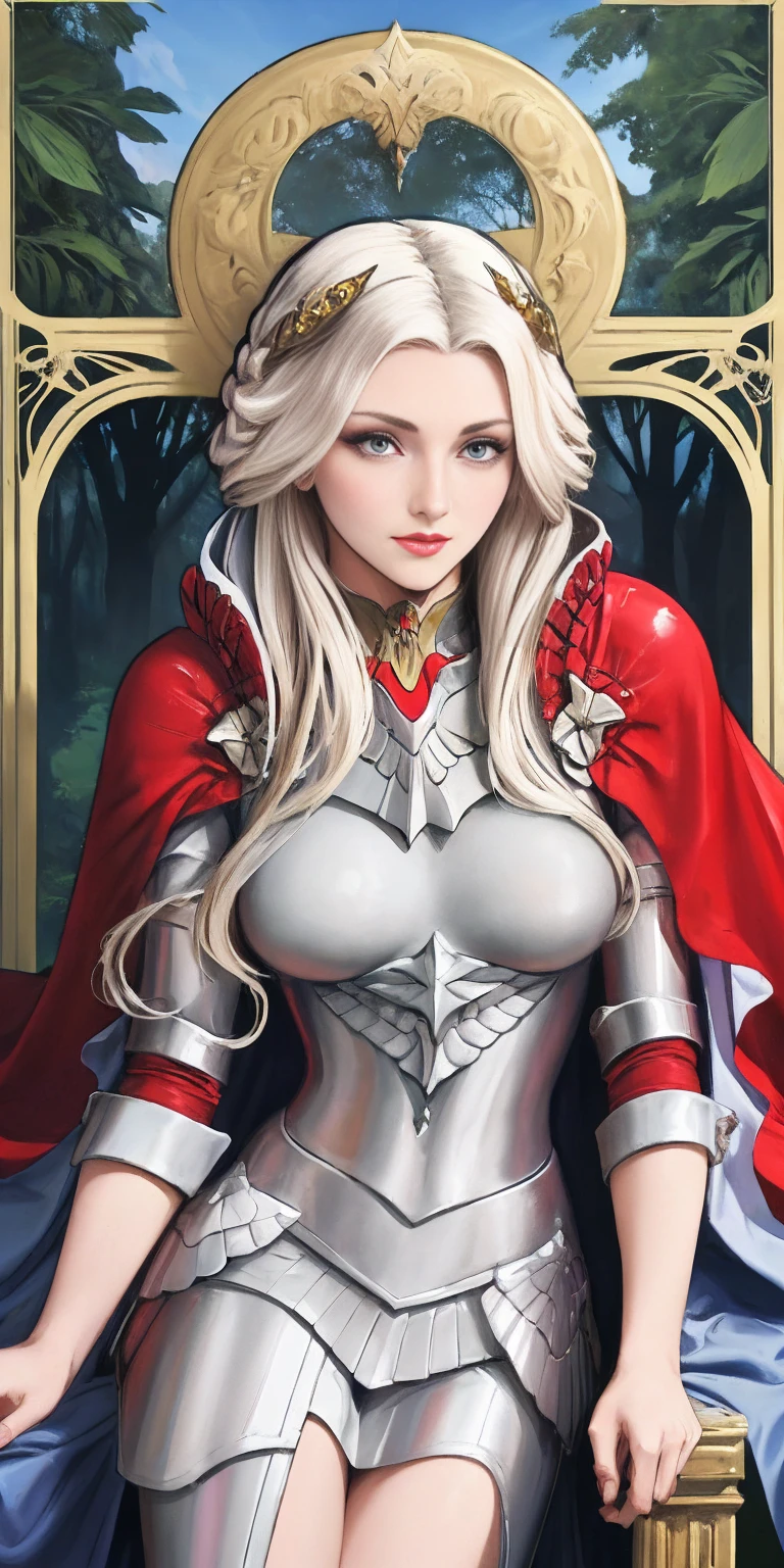 (masterpiece, best quality) 1girlsolo (the empress:1.15) platinum blonde, long hair (red cape) curtain, armored dress, queen dress, aurora (sunshine, sky, river, forest) expressionless, red eyes, very long hair (art nouveau:1.2) alphonse mucha, tiara (face focus, upper body) sit (red throne:1.12) crossing legs, highly intricate details, realistic light, smile