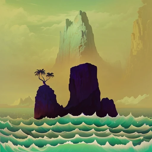 there is a painting of a rock island with a palm tree, island background, stylized digital illustration, island in the background, island with cave, the rock is in the sea, island, fantasy sea landscape, an island, vaporwave surreal ocean, inspired by Peter Doig, epic matte painting of an island, myst island, an abstract tropical landscape, island landscape