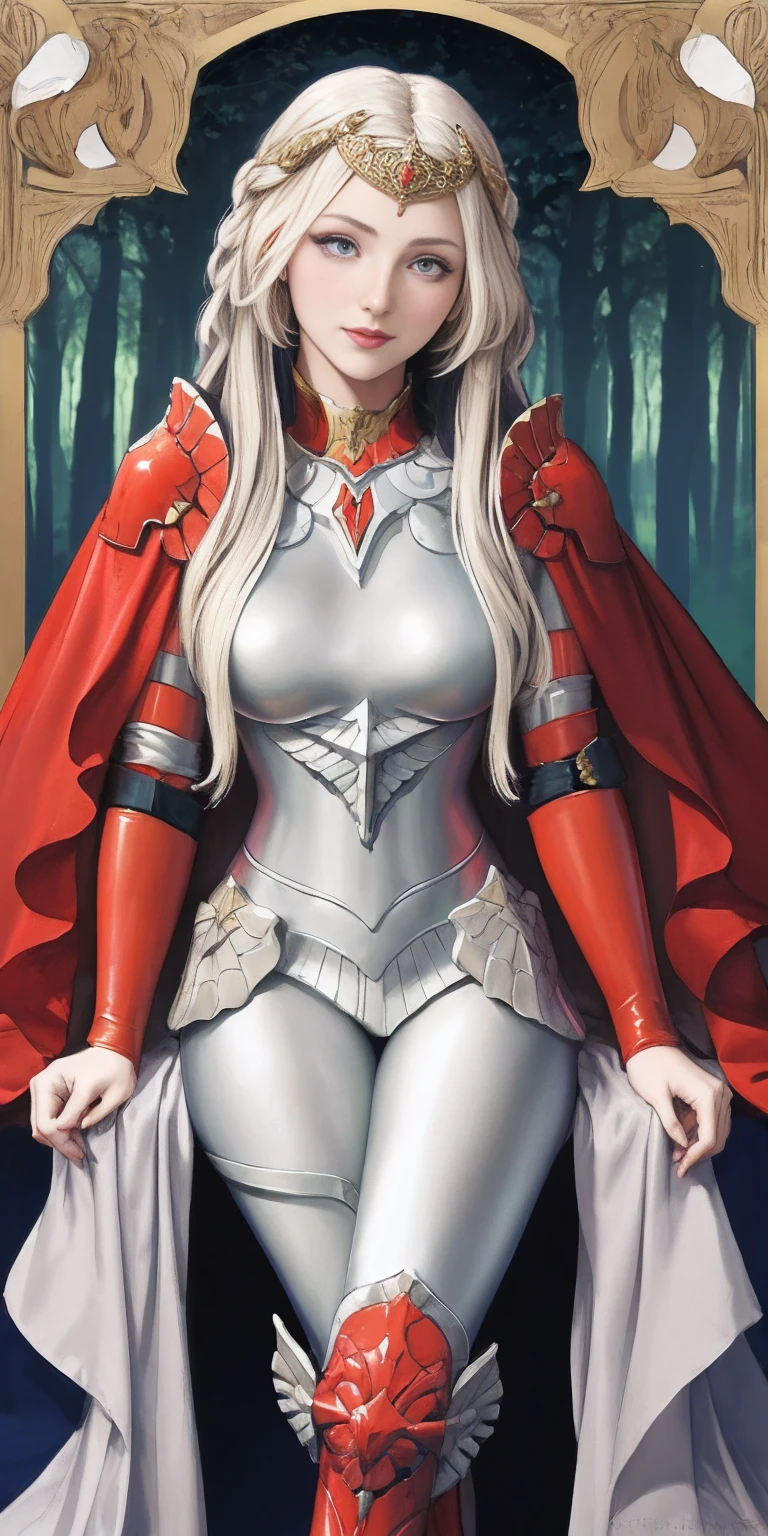 (masterpiece, best quality) 1girlsolo (the empress:1.15) platinum blonde, long hair (red cape) curtain, armored dress, queen dress, aurora (sunshine, sky, river, forest) expressionless, red eyes, very long hair (art nouveau:1.2) alphonse mucha, tiara (face focus, upper body) sit (red throne:1.12) crossing legs, highly intricate details, realistic light, smile