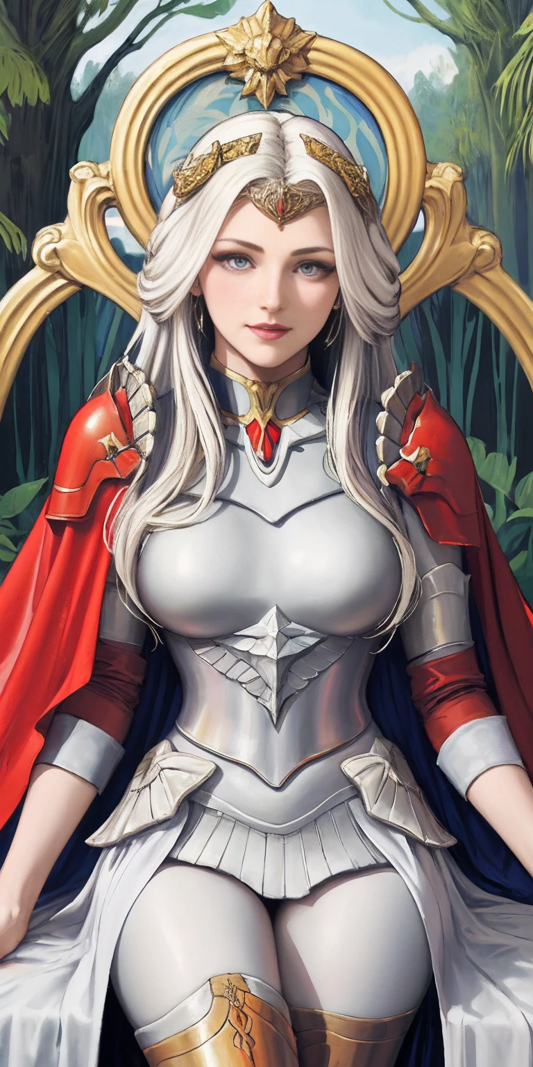 (masterpiece, best quality) 1girlsolo (the empress:1.15) platinum blonde, long hair (red cape) curtain, armored dress, queen dress, aurora (sunshine, sky, river, forest) expressionless, red eyes, very long hair (art nouveau:1.2) alphonse mucha, tiara (face focus, upper body) sit (red throne:1.12) crossing legs, highly intricate details, realistic light, smile