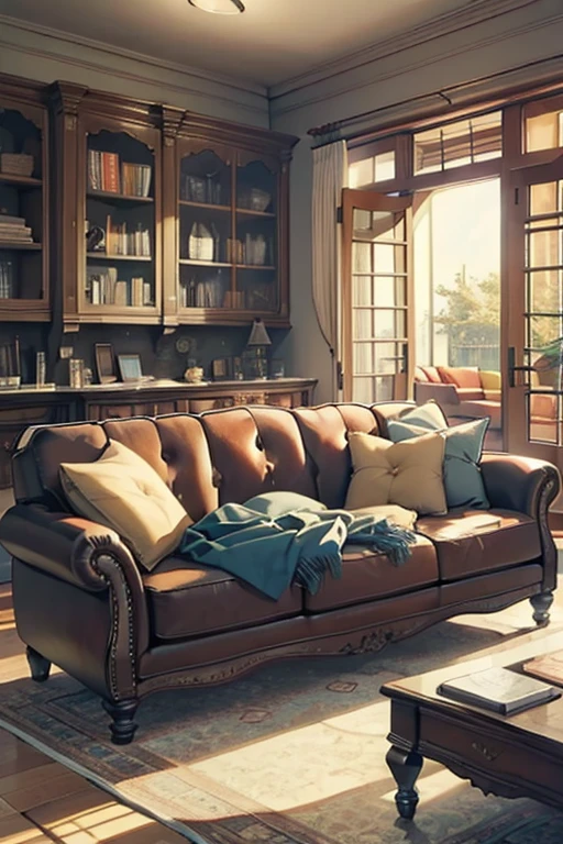 (masterpiece:1.5), (best quality:1.5), inside house, living room, comfy, office, books,  (couch:1.5)