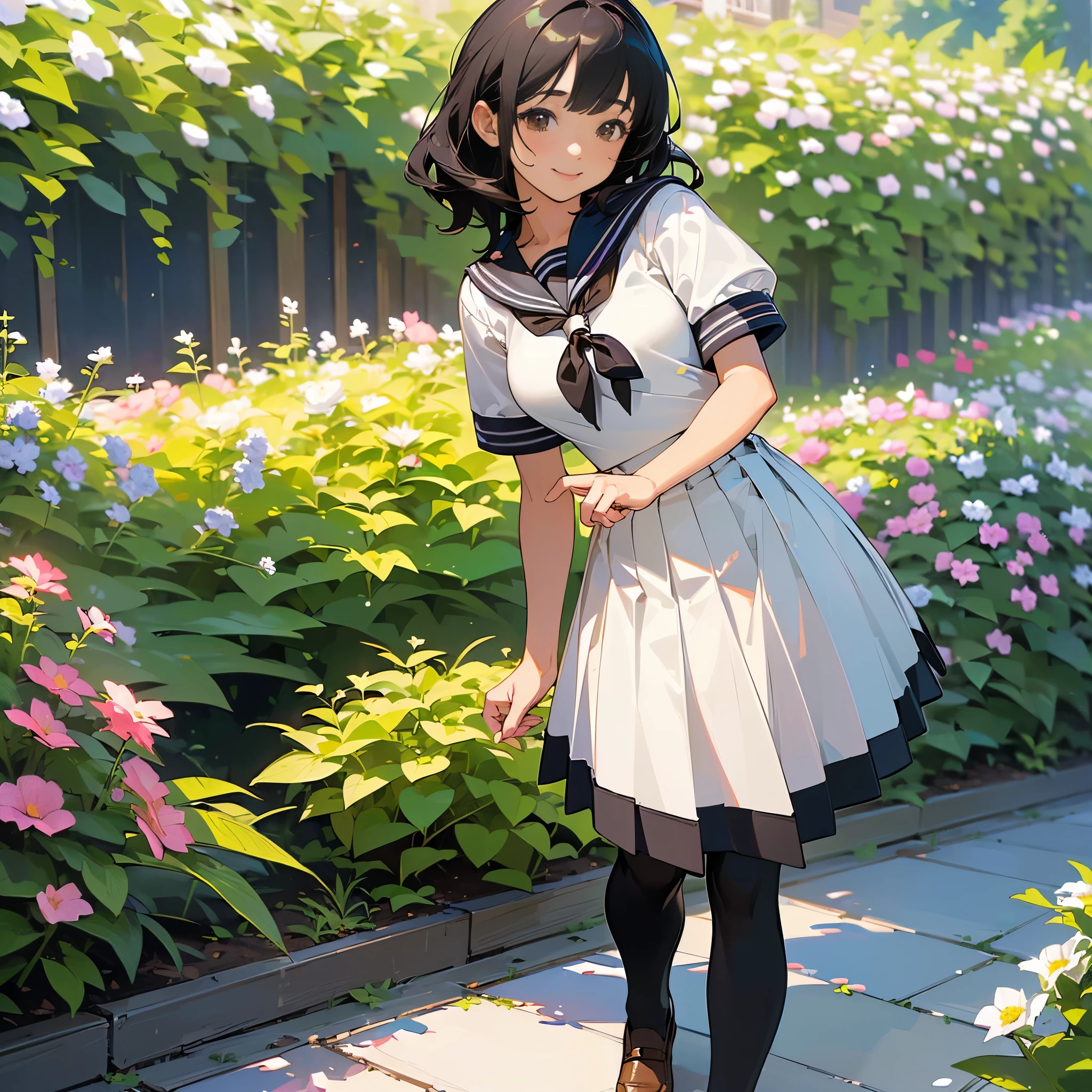 (highest quality, High resolution, Super detailed, Realistic:1.37), Peaceful atmosphere, (Outdoor, garden), Teenage girl standing alone,(my breasts are big.),Beautifully detailed features, Cute Smile, ((Black bob hair)),Short-sleeved sailor uniform, Pleated skirt,Black tights,Brown leather shoes.