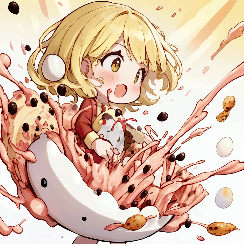 cute girl, pale yellow hair, flying egg, flying Black pepper, flying bacon, splashing carbonara pasta,