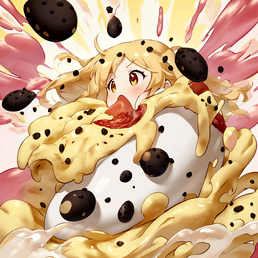 cute girl, pale yellow hair, flying egg, flying Black pepper, flying bacon, splashing carbonara pasta,