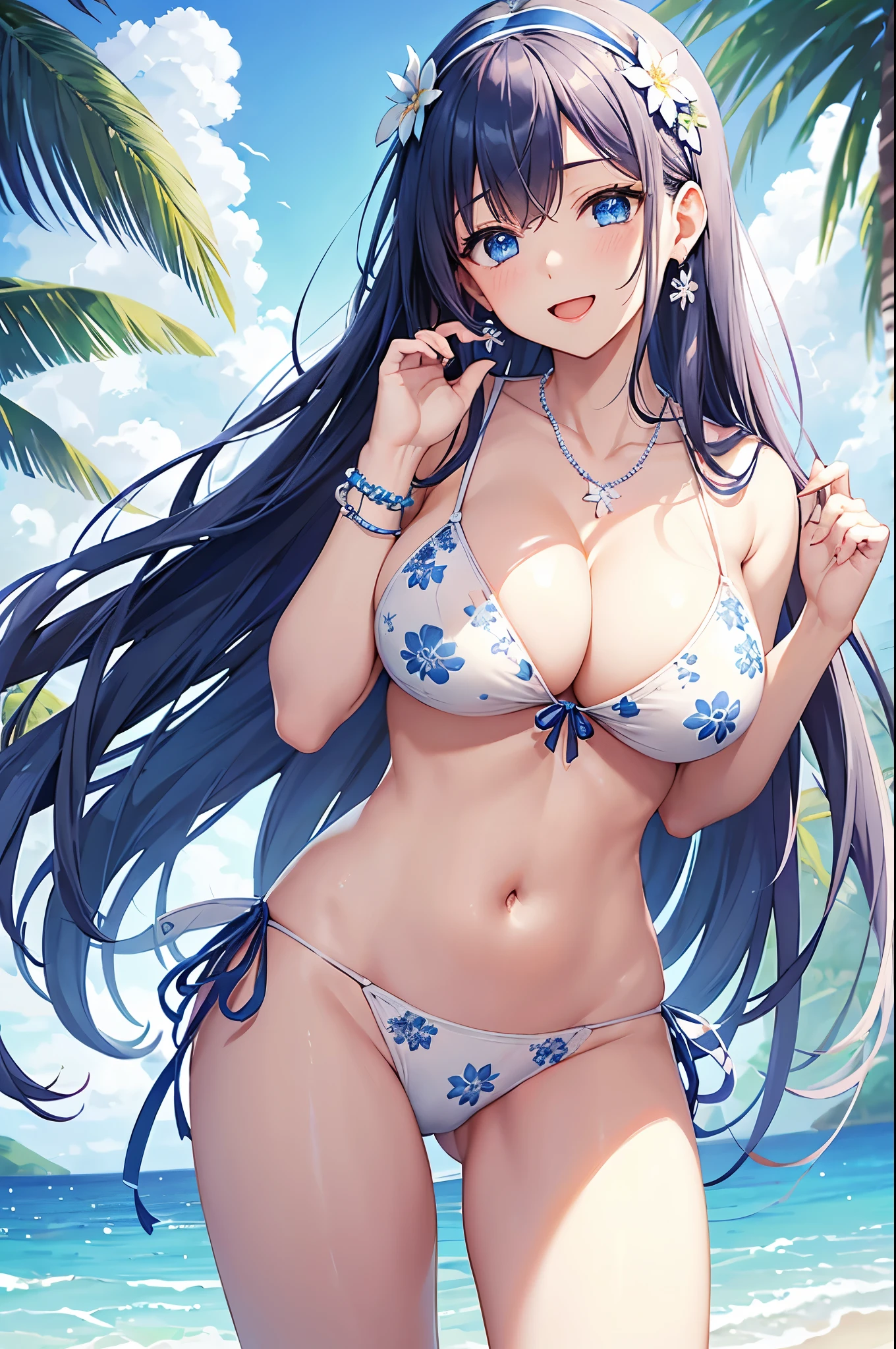 highest quality、highest quality、masterpiece、beautiful girl、Navy blue long hair、blue eyes、(Sexy white floral bikini:1.3)、Big cleavage、(Big Breasts)、smile、blue necklace、Blue Earrings、background(Beach)、Please open your mouth wide、White headband、bracelet、Dynamic pose