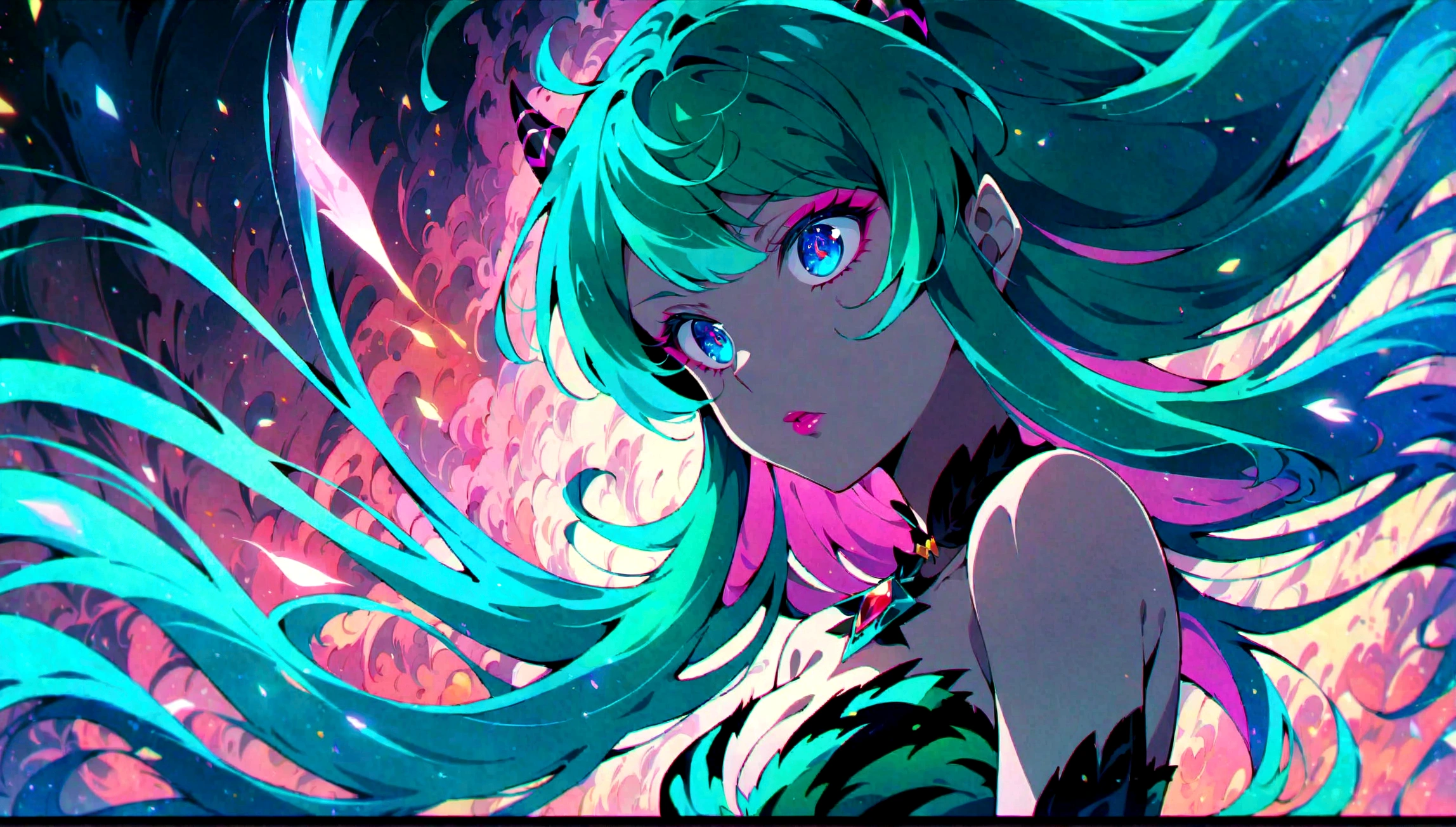 (score_9, score_8_up, score_7_up), lum, solo, long hair, breasts, dark blue eyes, eyeshadow, dark green hair, bangs, tiny tiger-stripped horns, aqua hair, tsundere, 4k, intricately detailed, source_anime, detailed portrait of a woman flying through the sky, beautiful detailed eyes, beautiful detailed lips, extremely detailed face and features, long eyelashes, flowing hair, dynamic pose, dramatic lighting, cinematic composition, surreal atmosphere, vibrant colors, muted tones, glowing light effects, dreamlike quality, 8k, high quality, intricate details, masterpiece