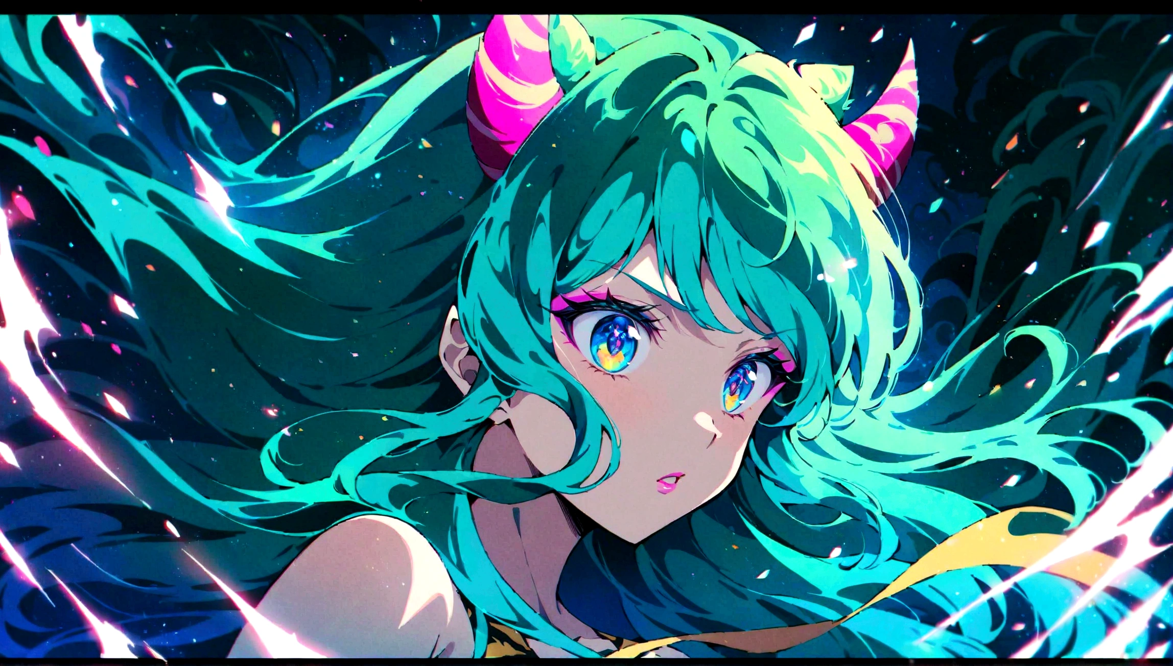 (score_9, score_8_up, score_7_up), lum, solo, long hair, breasts, dark blue eyes, eyeshadow, dark green hair, bangs, tiny tiger-stripped horns, aqua hair, tsundere, 4k, intricately detailed, source_anime, detailed portrait of a woman flying through the sky, beautiful detailed eyes, beautiful detailed lips, extremely detailed face and features, long eyelashes, flowing hair, dynamic pose, dramatic lighting, cinematic composition, surreal atmosphere, vibrant colors, muted tones, glowing light effects, dreamlike quality, 8k, high quality, intricate details, masterpiece