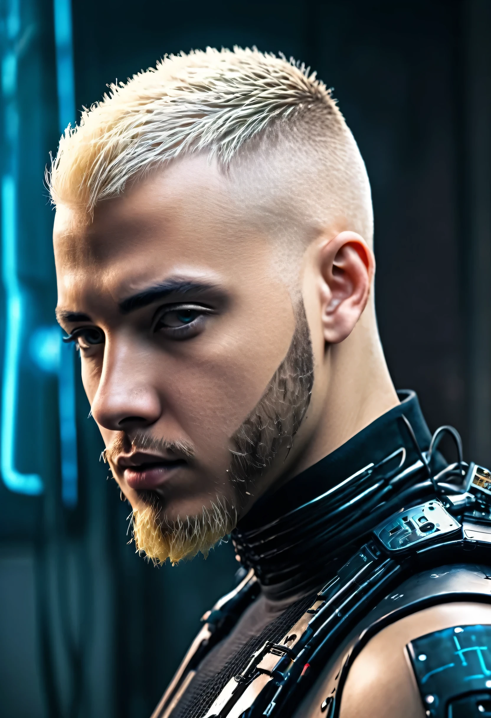 beard man with buzz cut blond hair, cyberpunk, ultra hd