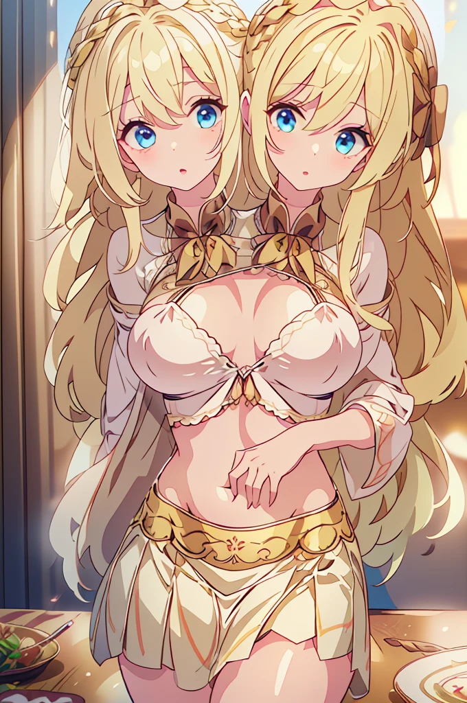 (masterpiece, best quality),best quality, best resolution, (ultra-detailed), (3heads:1.5), 1girl, (lily white:1.3), masterpiece, best quality, ultra quality, ultra resolution, ultra detail, white top, crop top, ((stomach)), midriff, ((groin)), white skirt, normal ears, shackles, yellow hair, very long hair, wavy hair, sidelocks, blue eyes, very detailed eyes, very beautiful eyes, parted lips, sweat, cute, open belly, toned belly, hand on own chest, eyelashes, (23 year old woman:1.3), (masterpiece:1.5), (best quality:1.5), (beautiful detailed), extremely detailed CG, extremely delicate and beautiful, depth of field, (finely detailed face), (perfect details:1.2), (mature female:1.3), wide pelvis, slender, large veiny breast, 16k resolution, highres, high quality, high definition, extremely detailed, masterpiece, yellow hair, long hair, alluring presence, braid, short skirt, close up, very big tits, huge tits, young, exposed midriff,
