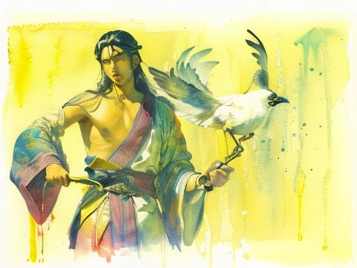 painting of a man with a knife and a bird in his hand, inspired by Sigmar Polke, Inspired by Tawaraya Sōtatsu, gestural, inspired by Leon Golub, inspired by Shen Che-Tsai, water color on paper, inspired by Dosso Dossi, inspired by Fu Baoshi, underpainting, gouache on paper, detail