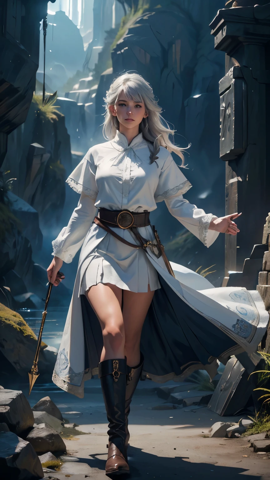 a young woman, ligh sorcerer, gray hair, gray eyes, blue cape, white shirt, brown skirt boots, gloves, belt, (best quality,4k,8k,highres,masterpiece:1.2),ultra-detailed,(realistic,photorealistic,photo-realistic:1.37),fantasy, magic, ice magic, cinematic lighting, dramatic, detailed facial features, dramatic pose, intricate details, atmospheric environment, fantastical landscape. ((White Shirt))((light aura))