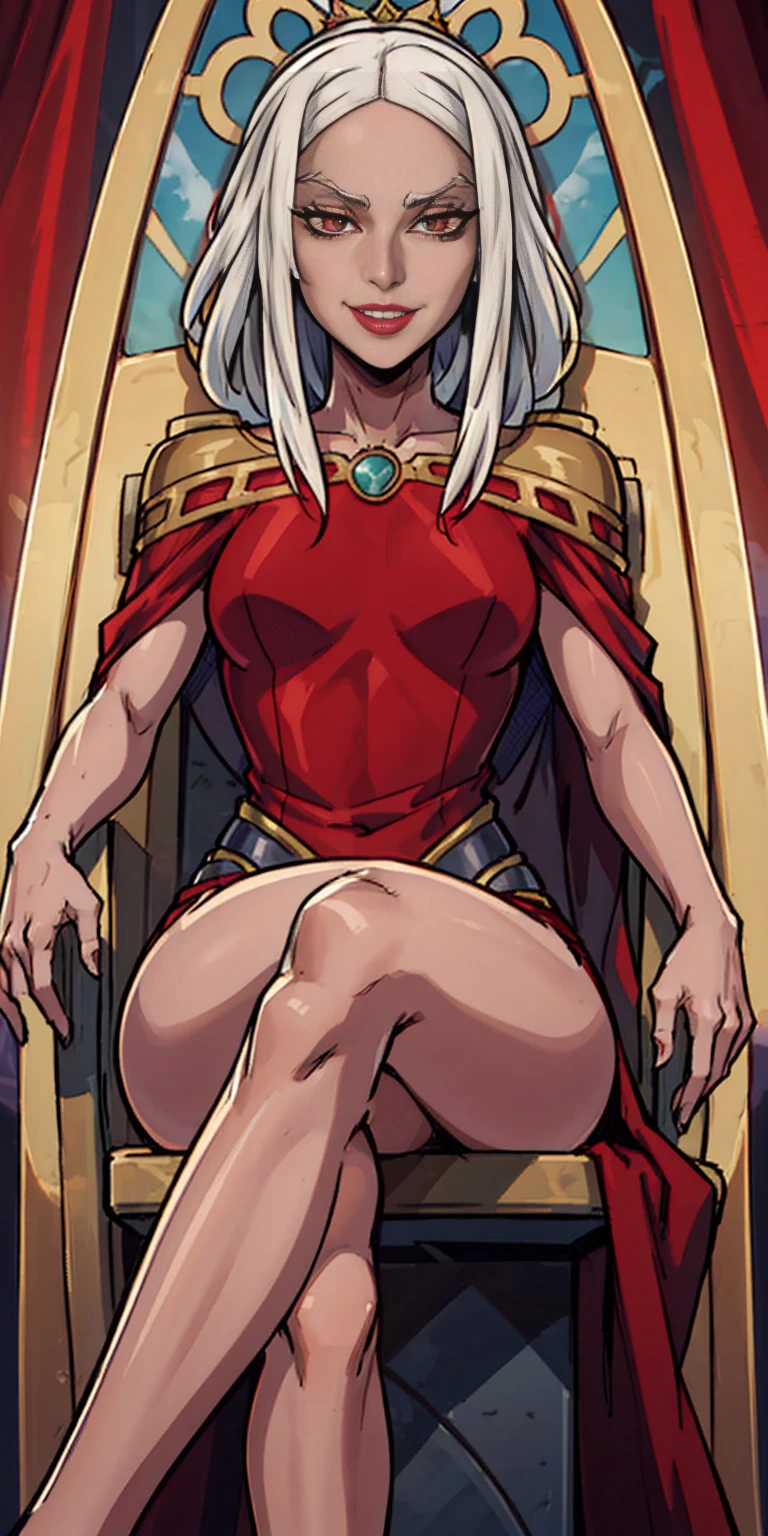 (masterpiece, best quality) 1girlsolo (the empress:1.15) platinum blonde, long hair (red cape) curtain, armored dress, queen dress, aurora (sunshine, sky, river, forest) expressionless, red eyes, very long hair (art nouveau:1.2) alphonse mucha, tiara (face focus, upper body) sit (red throne:1.12) crossing legs, highly intricate details, realistic light, smile