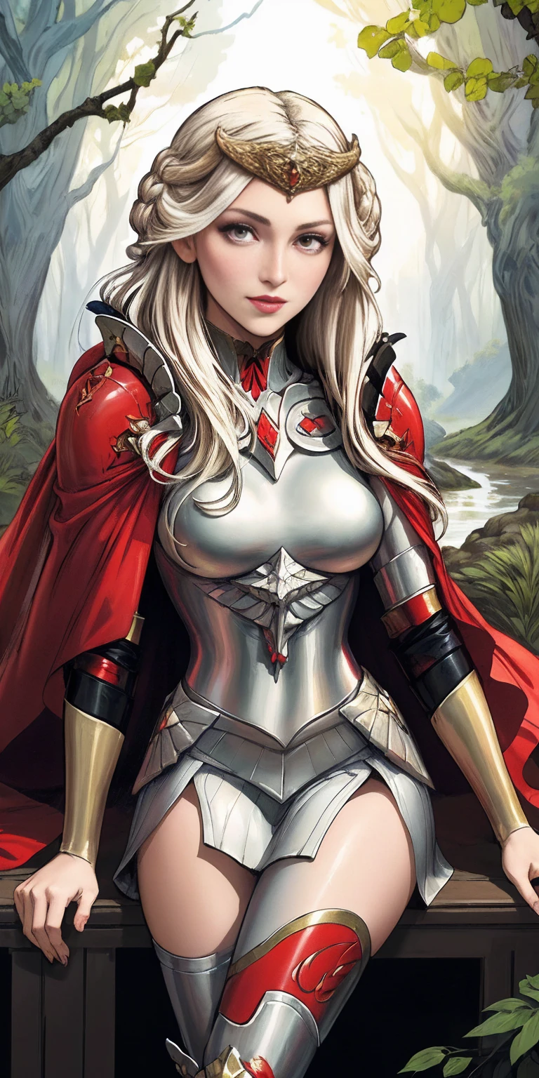 (masterpiece, best quality) 1girlsolo (the empress:1.15) platinum blonde, long hair (red cape) curtain, armored dress, queen dress, aurora (sunshine, sky, river, forest) expressionless, red eyes, very long hair (art nouveau:1.2) alphonse mucha, tiara (face focus, upper body) sit (red throne:1.12) crossing legs, highly intricate details, realistic light, smile