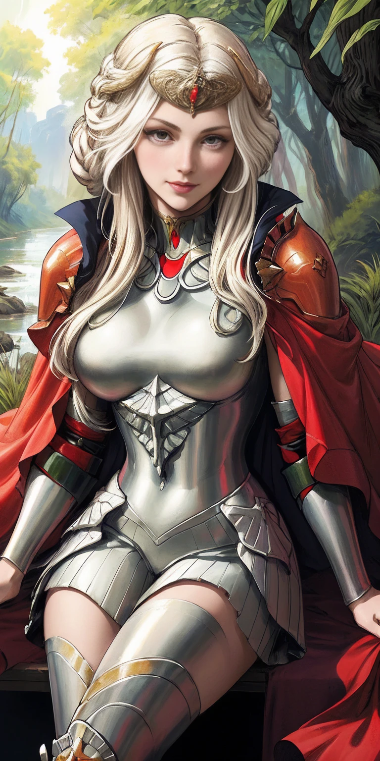 (masterpiece, best quality) 1girlsolo (the empress:1.15) platinum blonde, long hair (red cape) curtain, armored dress, queen dress, aurora (sunshine, sky, river, forest) expressionless, red eyes, very long hair (art nouveau:1.2) alphonse mucha, tiara (face focus, upper body) sit (red throne:1.12) crossing legs, highly intricate details, realistic light, smile